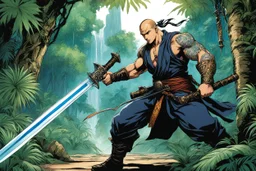 (in the style of Orion, by Masamune Shirow) a tattooed gangsta monk with his staff fights against a paladin knight with his two handed sword zweihander in the jungle