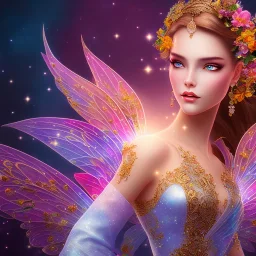 bright fairy, beautiful portrait, flowery landscape, cosmic ambiance