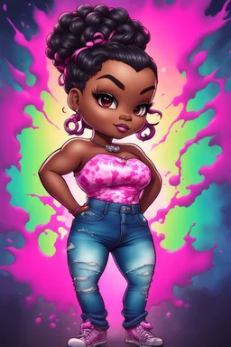 vibrant psychedelic comic book image, airbrush, 48k, cartoon art of a chibi curvy black female wearing torn jeans pants and a pink tie dye off the shoulder blouse. Prominent make up with lush lashes. Highly detailed sleek wavy ponytail