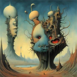 antics grow strange in a dream of cunning annihilations, damaged thoughts of a crooked creaking mistake looking at itself, by Gerald Scarfe, by Yves Tanguy, by Zdzislaw Beksinski, asymmetric surrealism, nightmarish, dreamy colors, existential dread of Bekinski, uncanny machinations of Scarfe, Tanguy's non-sequitors, oh how he made them roll