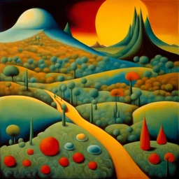 Surreal essence of a dreamlike landscape, inspired by the poetic and emotionally rich style of Max Ernst, vivid colors, enigmatic forms, and an underlying sense of mystery that resonates with the viewer's emotions