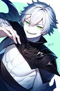 plauge doctor in balck leather clothes with silver hair, pale skin and bright green eyes smiling with sharp teeth, nice young face, male, viscious smile