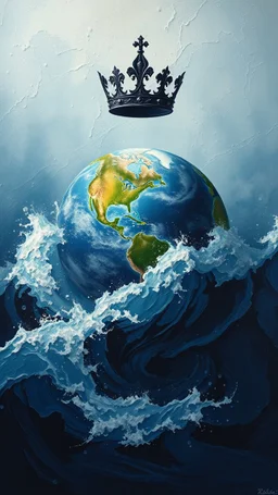 planet Earth floating in the high waves of storm in the ocean above it a black crown hovering in an oil rough painting style