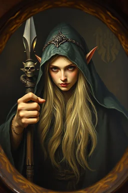 pin hole cam, master oil painting by Rembrandt,drow elf dark elf priestess of the underdark, Menzoberranzan