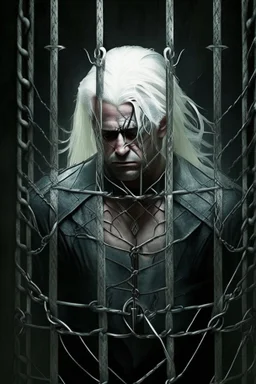 Dark Fantasy, dark knight, tied up in cage, male, white hair,