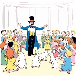 A magician stands in front of a group of children who sit in front of him on a mat on the floor and pulls out a rabbit from a top hat, the children look open-mouthed and wide-eyed and clap their hands, in the background a parrot stands on a pole and observes what is happening