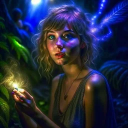 photorealism, a hippie pixie in the underground grove glowing light, in the style of escher, 8k, down-light, soft light, depth of field, photo realism, trending on art station, high detail, smoke and fog