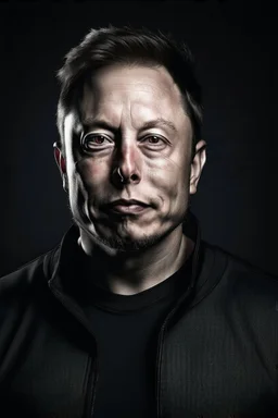 Portrait of Elon musk, scary cyborg face, metal plate checks and forehead, one red eye
