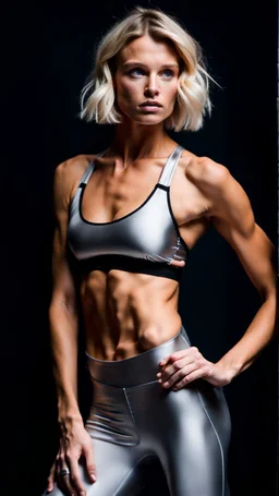 photography of a beautiful anorexic woman, silver satin sports bra, sports illustrated, blond short wavy bob haircut, pronounced sternum, black running leggins