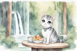 cute chibi cat in a restaurant double exposure waterfall in the forest watercolor and ink