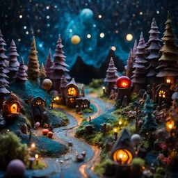 Detailed creepy cozy landscape made of modeling clay, fairy tale, people, stars and planets, naïve, Tim Burton, strong texture, extreme detail, Max Ernst, decal, rich moody colors, sparkles, bokeh