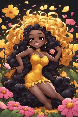 A sassy thick-lined comic book art cartoon black chibi girl lounging lazily on her side, surrounded by flower petals. She has a golden lion tail curling playfully behind her curvy body. Looking up coyly, she grins widely, showing sharp lion teeth. Her poofy hair forms a mane framing her confident, regal expression.