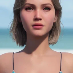 girl look beautiful wear swimwear, close-up, short hair, smile, 8k, rtx, eyebrows like serious, facing left, hyper realistis