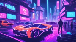 A futuristic cityscape at night with neon lights and flying cars.