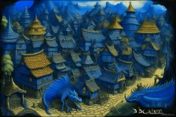 A dark blue village with a dragon palace designed in African pottery painted by Albrecht Durer