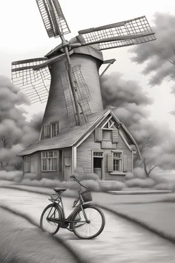 A realistic drawing black and gray with very defined details of a dutch windmill and a bike