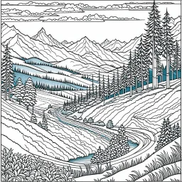 Outline art for coloring page with a cute mountain landscape white background, sketch style, only use outline, clean line art, white background, no shadows, clear outline reprezentand o imagine pe tema halucinatiilor provocate de droguri , cu culori primare tari, fantezie de înaltă definiție calitate clară, stiluri de Utagawa Hiroshige, Paul Klee Dee Nickerson și Tim Burton, acuarelă topită și contururi de cerneală neagră pe hârtie umedă, linii moi, umbrite