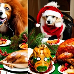 Dogs eating Christmas dinner with alien lion and floating ball, and exquisitely decorated turkey and HR giger alien