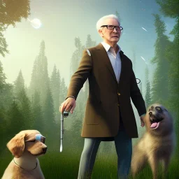 old man with glasses, with dog travels the universe of sound, photorealistic, 8k