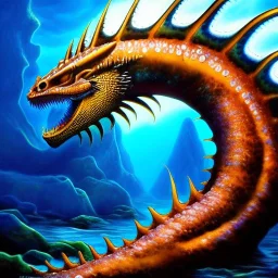 ultra detailed fullbody Drawing of Sea Dragon monster underwater , extremely detailed digital painting, intrincate, extremely detailed face,crystal clear Big eyes, in the style of Frank Frazetta, mystical colors , perfectly centered image, perfect composition, rim light, beautiful lighting, 8k, stunning scene, raytracing