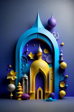 Create a 3D ramadan theme poster in purple, blue and yelow scheme with many islamic decorations and a crescent on the top