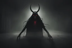 A dark figure in the shape of a triangle with long arms and creepy red eyes that is floating in a dark room with long horns