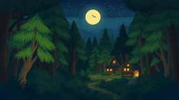 Make a dense forest at night scene in a village make a cartoon