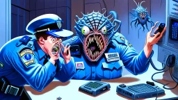 confused male cop dispatcher deals with evil virus hatching from the phone