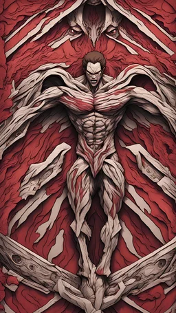 Create a captivating pattern inspired by the anime first Titan in Attack on Titan. The design should embody the essence of the inaugural Titan, capturing its colossal power and fearsome presence. Consider the intricate details of its transformation, incorporating the emotional undertones and brutal strength that define the Titan. Whether through stark lines or flowing curves red colors