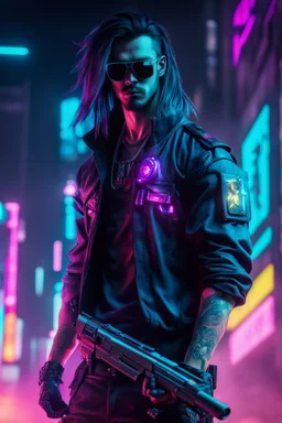 male cyberpunk solo with long hair, korean, Wearing Urban Gang Flash and mirrored dark sunglasses, and shot gun, headaphone, strong cyber warrior, black tatoo, attrakvtive man, Retroanime, rembradt lighting, neon complementary colors, dark vibe, scifi
