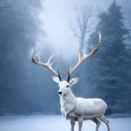 the most stunning, beautiful portrait of a white stag in a winter landscape, mystical, high-quality, ultrafine-detail, flickering light, mist, 8k resolution, 3d octane render, digital art, detailed matte, brian froud, howard lyon, selina french, anna dittmann, annie stokes, lisa parker, greg rutowski,