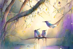 closeup, a colorful hummingbird family perched in the canopy, the siblings eating (opened mouth, the mother feeding them), twilight, looking down on the river through the canopy of a tree, on a misty twilight. over a misty pond in the hieght of fall. Watercolour by Alison Brady. Pastel colours S<AI in sunshine, ethereal, otherwordly, cinematic postprocessing