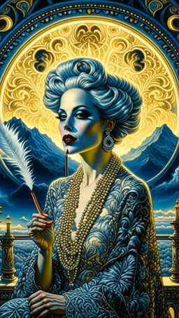 portrait of a woman smoking a cigarette, symmetrical, the cosmic mists seeping into her brain, crescent moons in her eyes, feather earrings in her ears, a crescent moon to right, a wrought iron fence and a lake behind, a mountain range in the distance, luigi serafini, karol bak