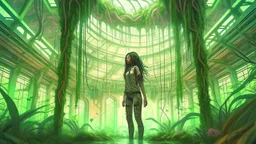 floating alien jellyfish, rampant foliage, and vines, inside a huge vaulted alien building, woman with black hair in a ponytail, in camouflage trousers and jacket, photorealistic, Intricate Detail, sunny day