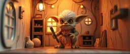 air brush 3d with pen outline,spaghetti western fluffy goblin edgy hero, shallow depth of field, warm lantern, pin hole cam in doll house, bottom floor board border