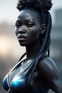 portrait,beautiful african robotic sirene, post-apocalyptic in a cyberpunk city, realistic, intriacte detail, sci-fi fantasy style, volumetric lighting, particales,highly detailed,cinamatic, deep