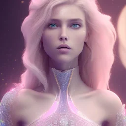 A portrait of a crystalised queen, atmospheric, realistic, unreal engine, cinematic lighting, octane render, transparent, long blond hair, blue eyes, pink lips, extremely sharp detail, finely tuned detail, ultra high definition, 8 k, unreal engine 5, ultra sharp focus, accurate sword wings, positive smile, highlight luminous suit blue and pink