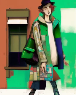 whimsical arafed nonsense, patchwork vibe, a young woman and a young man are strolling down a rainy whimsical downtown street with their arms linked, (((exaggerated body parts))), (((oversize head))), sharp color contrasts, amazing shadows, (((exaggerated limbs and head))), minimal cozy, warm palette, bright bold warm summer green yellow orange black colors, color leak, heavily distorted views, amazing parallels
