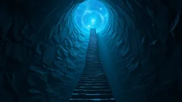 Stairs between heaven and hell, a big vertical spiral staircase made of indefinable material, the end of which cannot be seen, connecting the hellish dark depths with the endless dark blue universe, higg detailed, surreal, dark vibe, cinematic