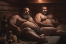 full body shot photography, two muscular chubby ugly burly marocan men , sweat, bulge, masculine hairy 43 year old man, curly hair, manly chest, curly beard ,big shoulders, big arms, big legs, bulge,, ambient occlusion , lying down sleeping in a steamy Sauna, super high resolution, 8k, dim light, side light, ultra hyper realistic, frontal view