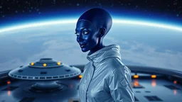 "Artistic photography (((FULL BODY from HEAD to FEET +profile))), enormous almond shape lighted crystal clear eyes, she is dressed in a white shiny jumpsuit she is a gorgeous smiling extra terrestrial woman with indigo purple blue skin with a high elongated skull like Nefertiti, 40 y/o asian, she wears white snow boots, and she is outside on the flying saucers large landing deck of the space station in cosmos.