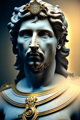 Ultra Realistic image, classical renaissance sculpture, white marble material, Lionel Messi, sun radial crown, chisel style, waist up portrait, epic, celestial, gold, cinematic lighting, God light, god rays, 4k resolution, smooth details, ornate details, soft lighting, unreal engine 5, marble background.