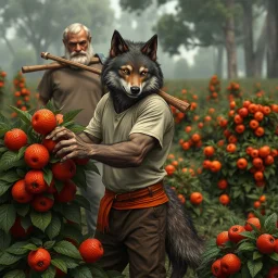 in body hair anthropomorphic wolf-man hybrid wearing a casual t-shirt, pants, and an orange belt, he harvests with his paws large reddish spherical fruits from a dark green bush-like plant. Behind him stands an older anthropomorphic wolf-man hybrid in t-shirt, pants and dark-orange belt. He carries a hoe on his left shoulder. In the background, orange-red fruits grow on other dark green bush-like plants, visible in the distance trees with thick trunks , detailed, scifi, fantasy