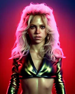 portrait, Shakira, blonde artist, angry, Realistic image, MMA robe, hoodie, mma gloves, loose long hair, eyes, makeup, gold line make up, moisture, sweat, fog, goddess, Neon colors, leds. Black background, photo studio, concept art, smooth, unreal engine 5, god lights, ray tracing, RTX, lumen lighting, ultra detail, volumetric lighting, 3d, finely drawn, high definition, 4k.