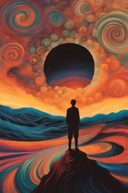 Book cover art. The sky is full of spirals. Two college girls standing on a mountain.