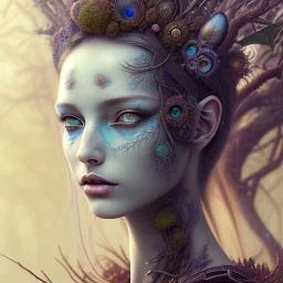 Portrait of beautiful girl, plant, metal, feathers, Dryad, fae, sidhe, ominous, nature, plants, wildflower, facepaint, dnd character portrait, intricate, oil on canvas, masterpiece, expert, insanely detailed, 4k resolution, retroanime style, cute big circular reflective eyes, cinematic smooth, intricate detail , soft smooth lighting, soft pastel colors, painted Renaissance style,bokeh, 800mm lens