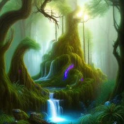 winding magical forest with waterfall and a creature