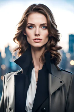 Woman with Brown Hair, Blue Eyes, Black Trench Coat, Black suit underneath, beautiful face, night, city Background, high detail, 4k