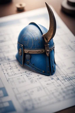 blueprint on a paper of a viking helmet, bokeh like f/0.8, tilt-shift lens 8k, high detail, smooth render, down-light, unreal engine, prize winning