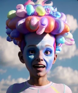 Ultra realistic speed clouds sky scene, wide angle view, sweet childs falling down, inflatable color clothing, free jumping flying, many trinkets, monster hair, hair monster, many jelly beans, balls, smile, happy, circus style, extreme, wind, clouds sea, 20,000 feet altitude, stratosphere, soft color, highly detailed, unreal engine 5, ray tracing, RTX, lumen lighting, ultra detail, volumetric lighting, 3d, finely drawn, high definition, high resolution.